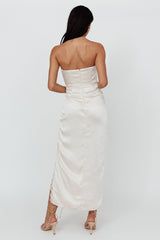Winter Moon Strapless Lace Trim Midi Dress Champagne